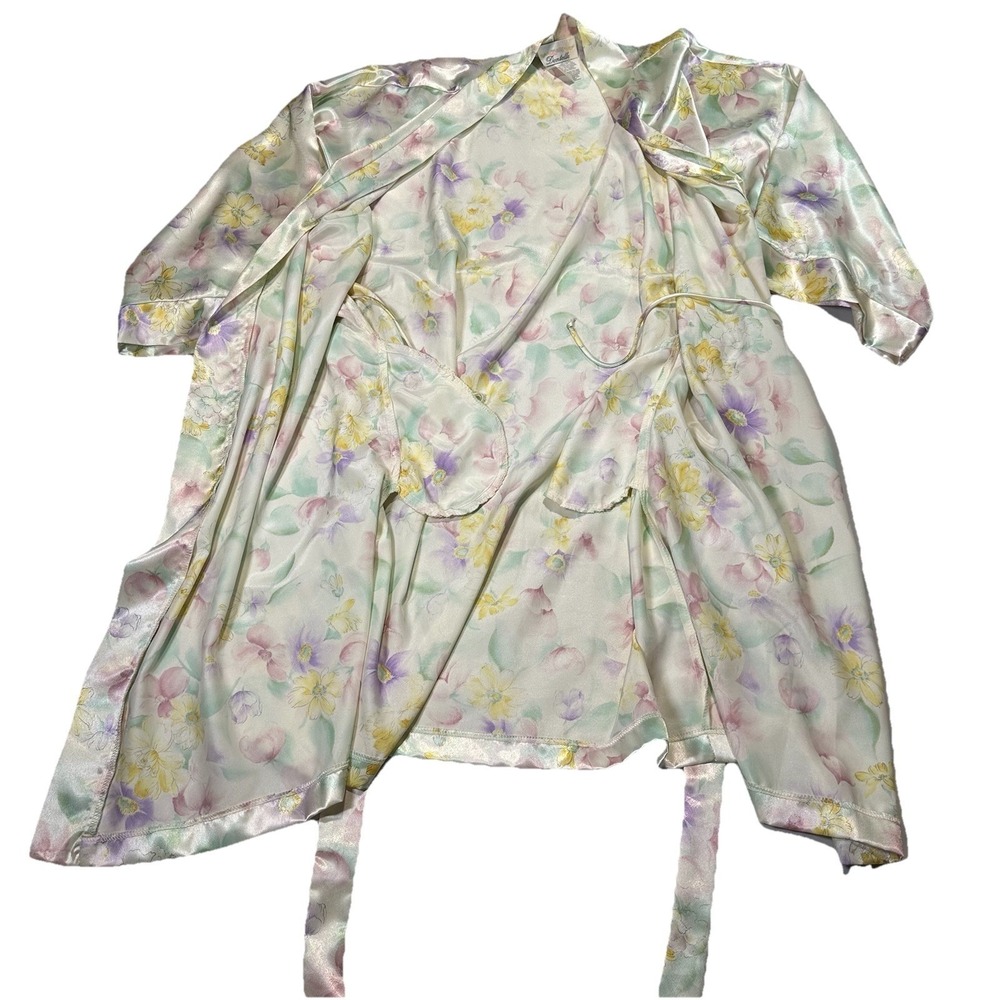 Vtg Dentelle Robe Short Floral Pastel Belt Women LG Pockets Bridal Romance - Picture 10 of 13